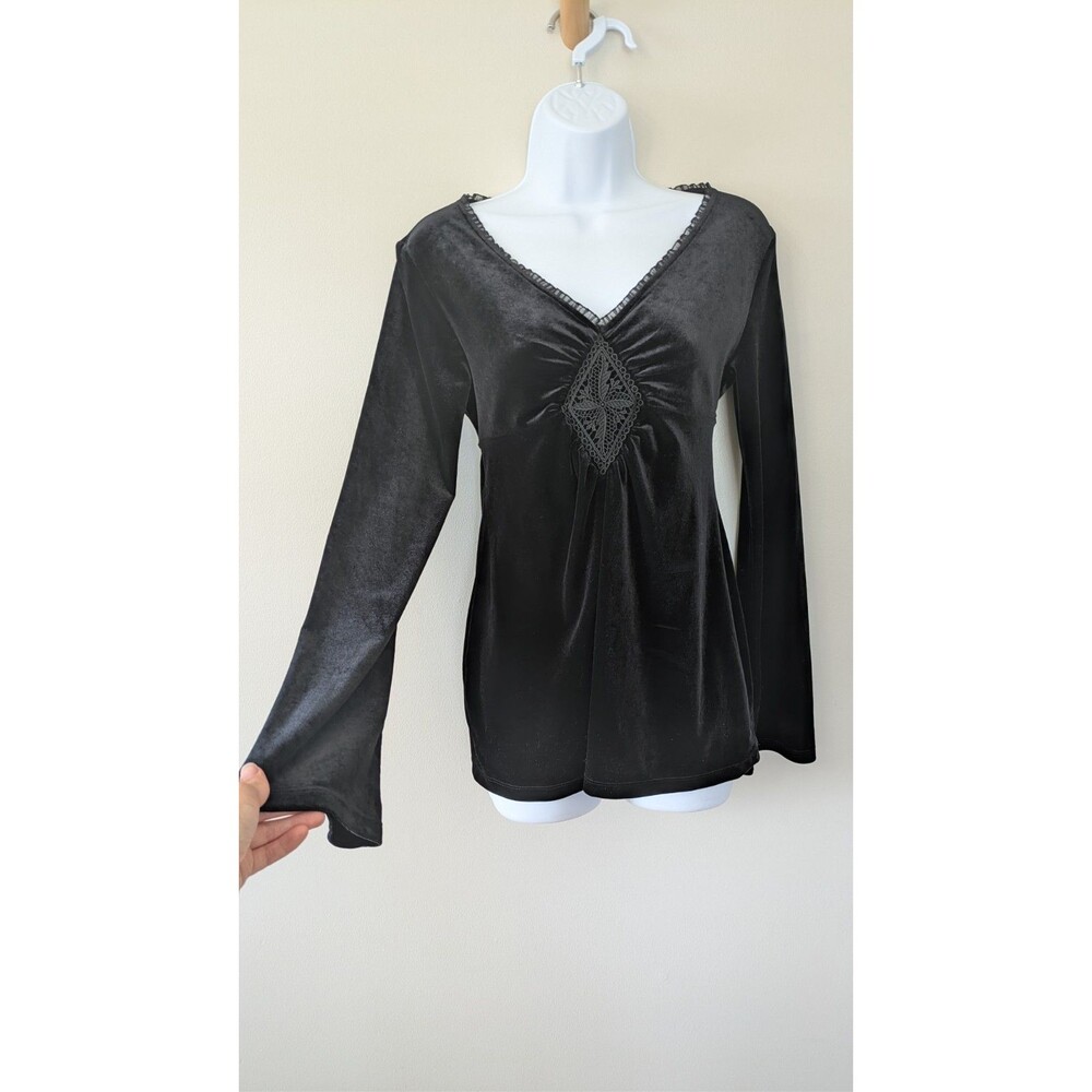 Vintage Y2K Express Black Velvet Top S Fairy Grunge Whimsigoth Bell Sleeve Lace